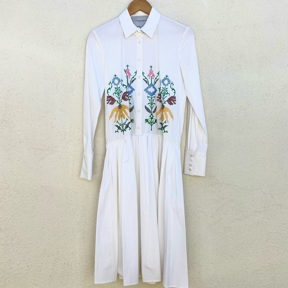 Carolina Herrera Embroidered Cotton Long Sleeve Dress